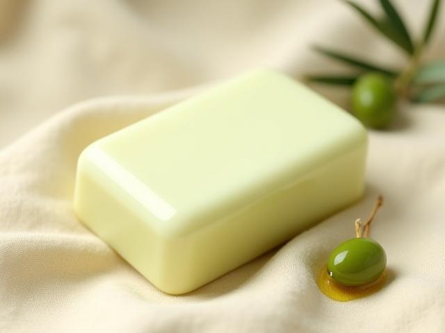 Close-up of a minimalistic Bastille soap bar, rich in olive oil, on a neutral background.
