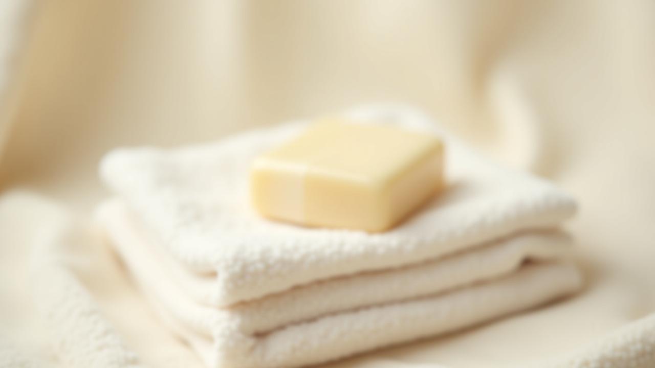 Soft cotton towel and a gentle, unscented soap bar, evoking calm and relief for sensitive skin