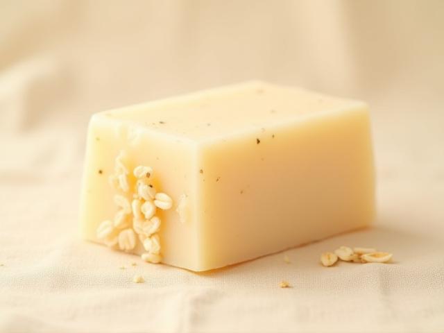 Bar of Shea Butter & Oatmeal soap, speckled with finely ground oatmeal on a neutral background.
