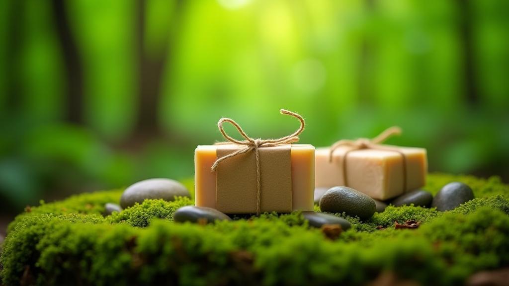 Artfully arranged Donnie Lee Walker soap bars in simple paper packaging on a natural, mossy background with soft lighting.
